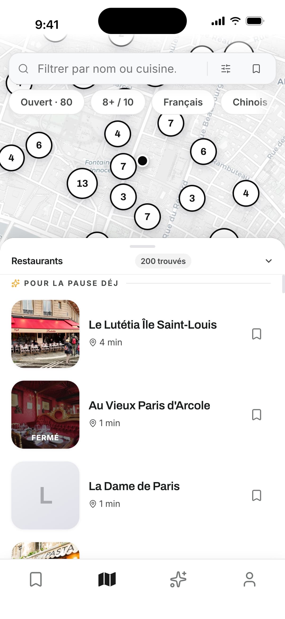 L’application Forkmap : la carte des restaurants autour de Beaubourg et la liste des adresses pour la pause déj, avec leurs photos