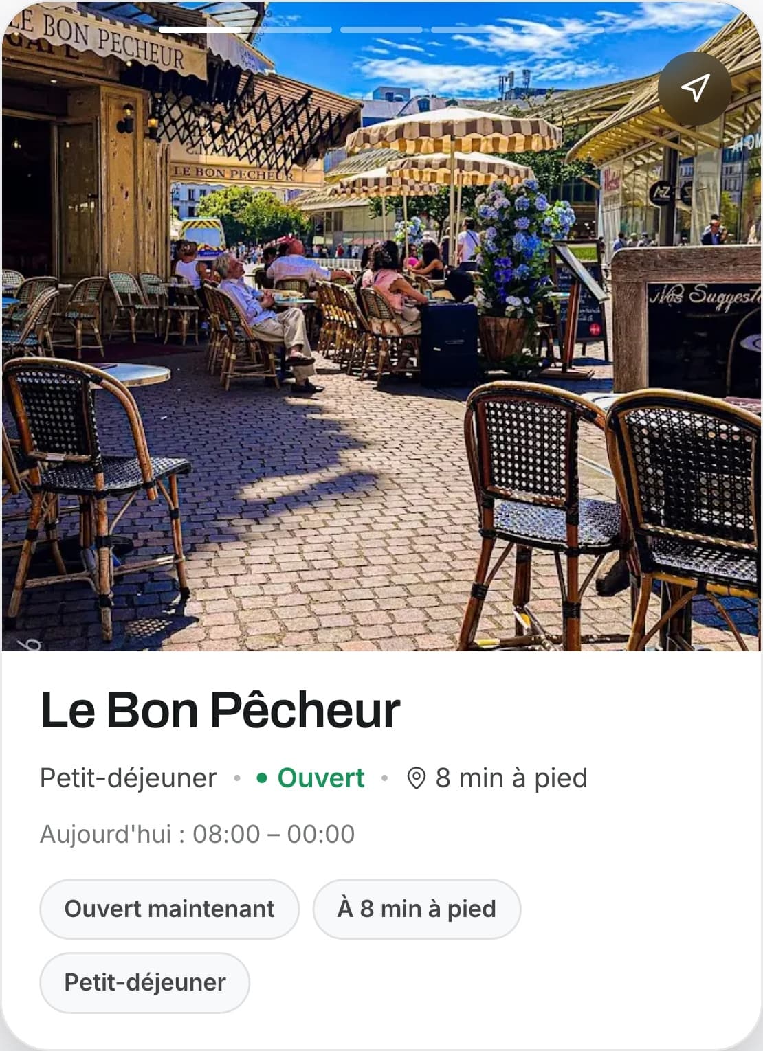 L’adresse proposée par « Surprends-moi » : Le Bon Pêcheur, sa terrasse, ouvert, à 8 min à pied