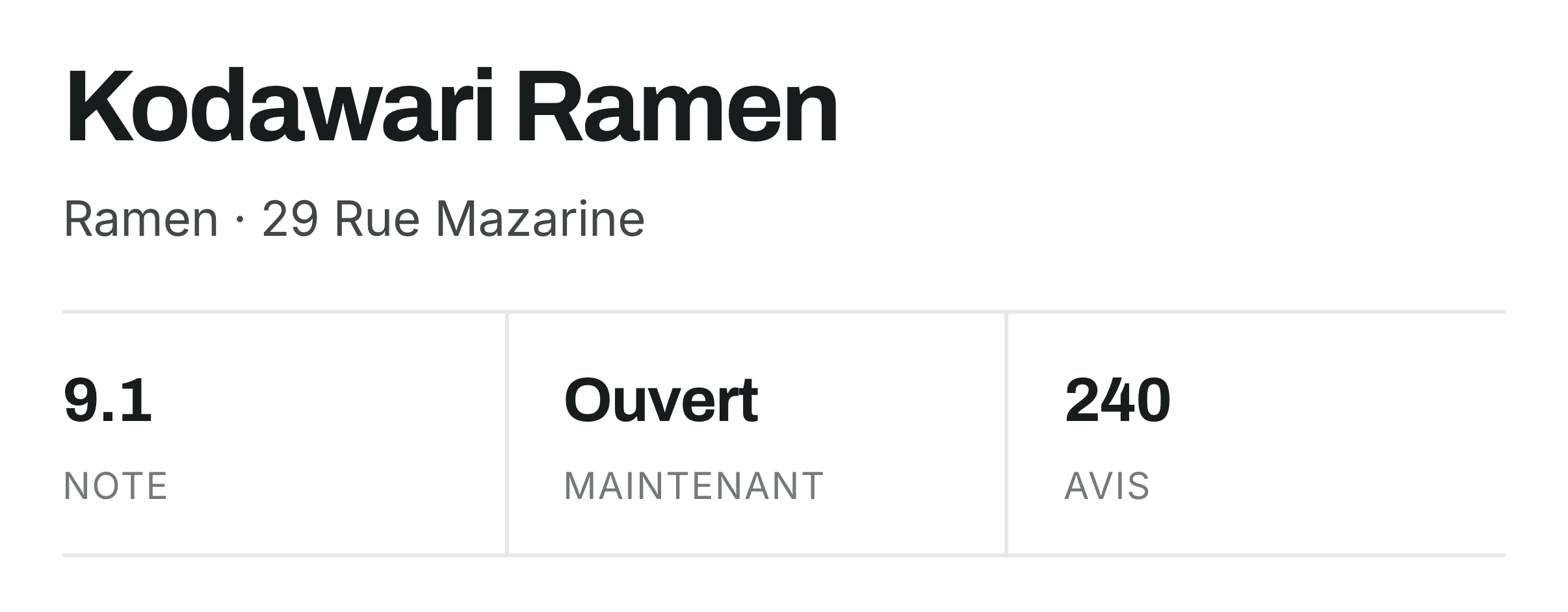 La fiche trouvée par Forkmap : Kodawari Ramen, ramen, 29 rue Mazarine, noté 9,1, ouvert, 240 avis