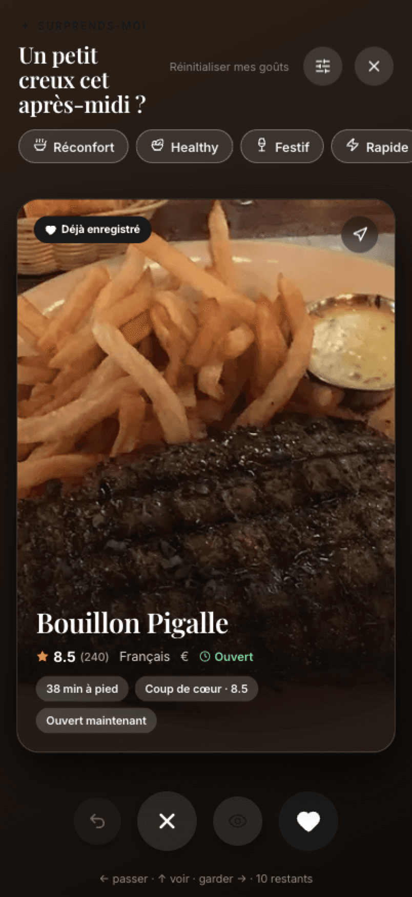 Le mode « Surprends-moi » de Forkmap propose une adresse — ici Bouillon Pigalle — selon ton envie