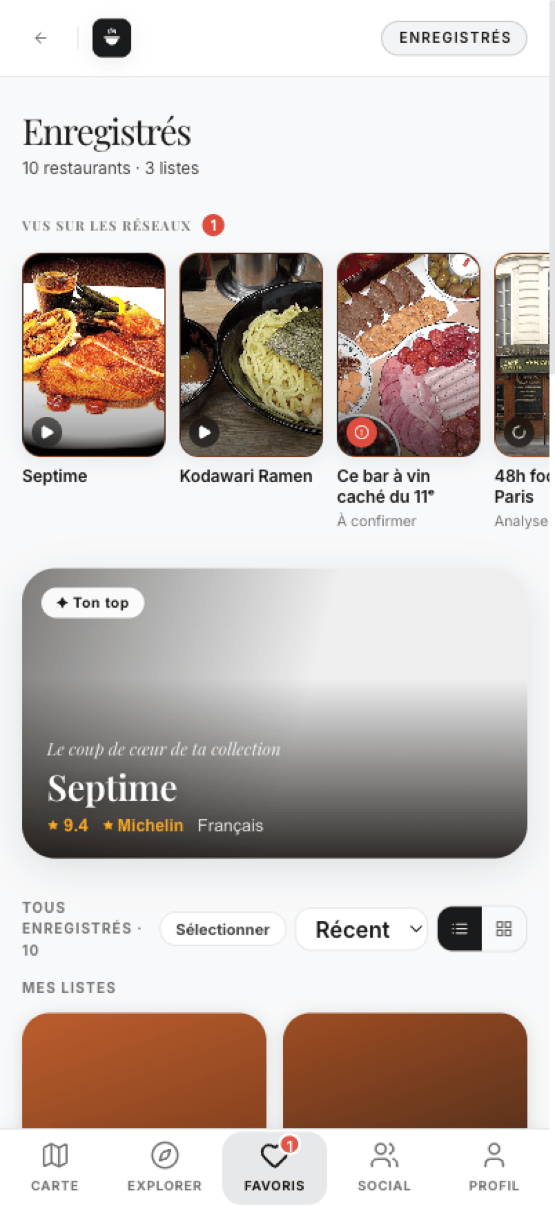 L’écran Enregistrés de Forkmap : imports, listes et restaurants sauvegardés
