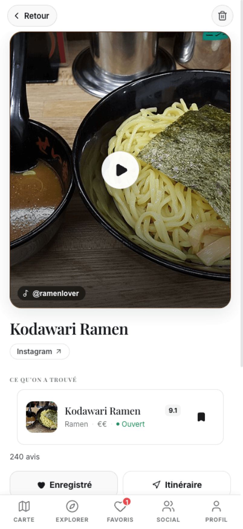 Une vidéo Instagram reconnue par Forkmap : le restaurant Kodawari Ramen, noté 9,1